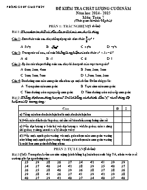 Đề kiểm tra chất lượng cuối năm môn Toán Khối 7 - Năm học 2014-2015 - Phòng GD và ĐT Giao Thủy (Có đáp án)